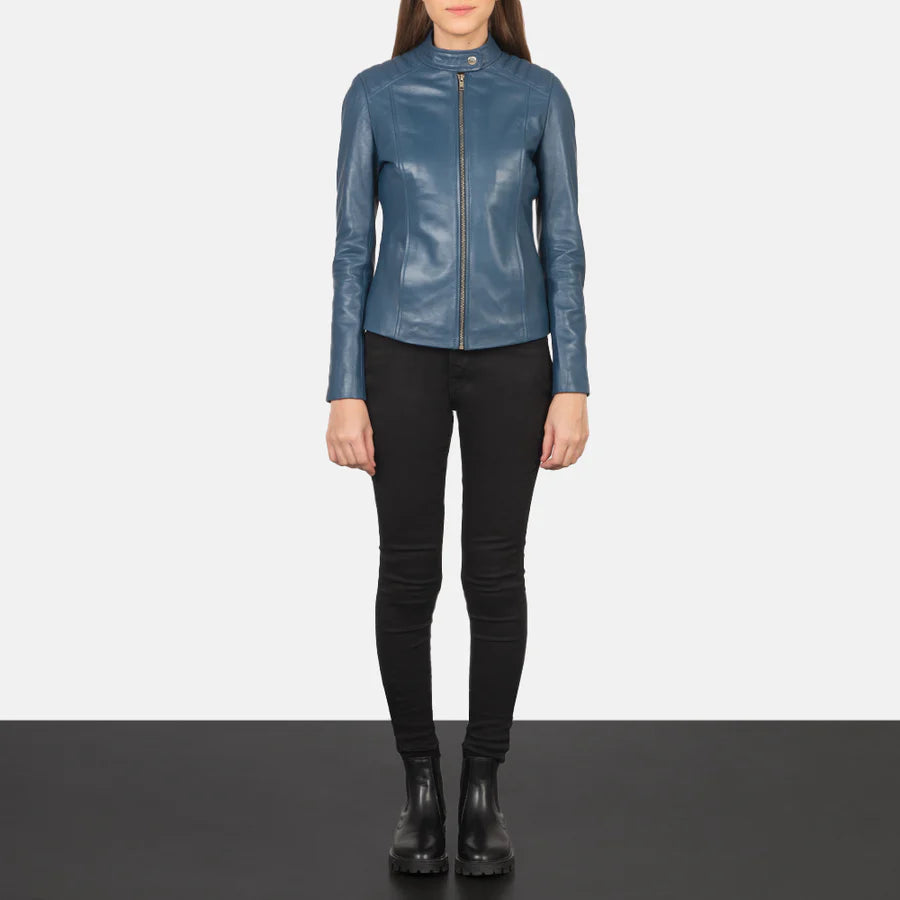Kelsee Blue Leather Biker Jacket