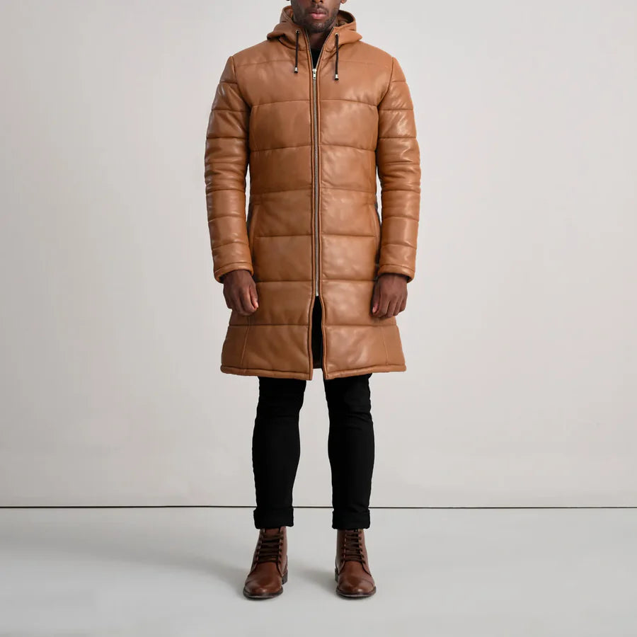 Floyd Tan Hooded Leather Puffer Coat