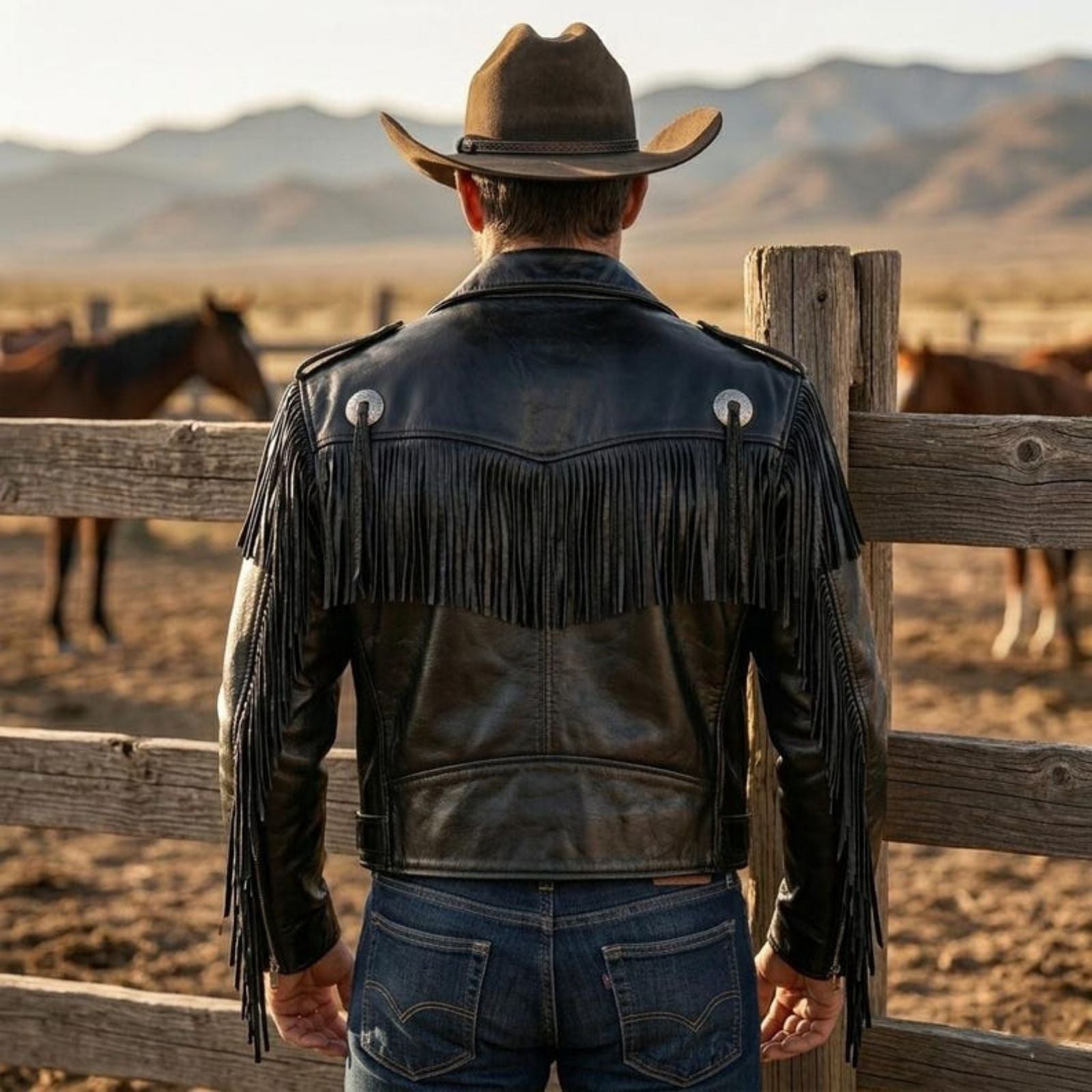 Men's Black Western Fringe Leather Biker Jacket – Genuine Leather Cowboy Jacket