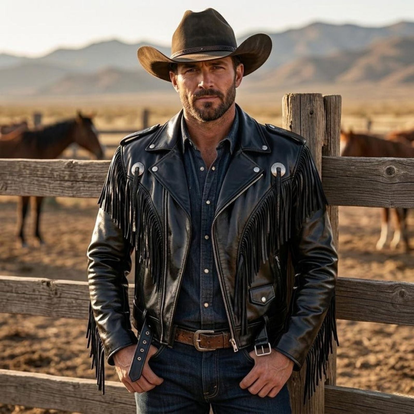 Men's Black Western Fringe Leather Biker Jacket – Genuine Leather Cowboy Jacket
