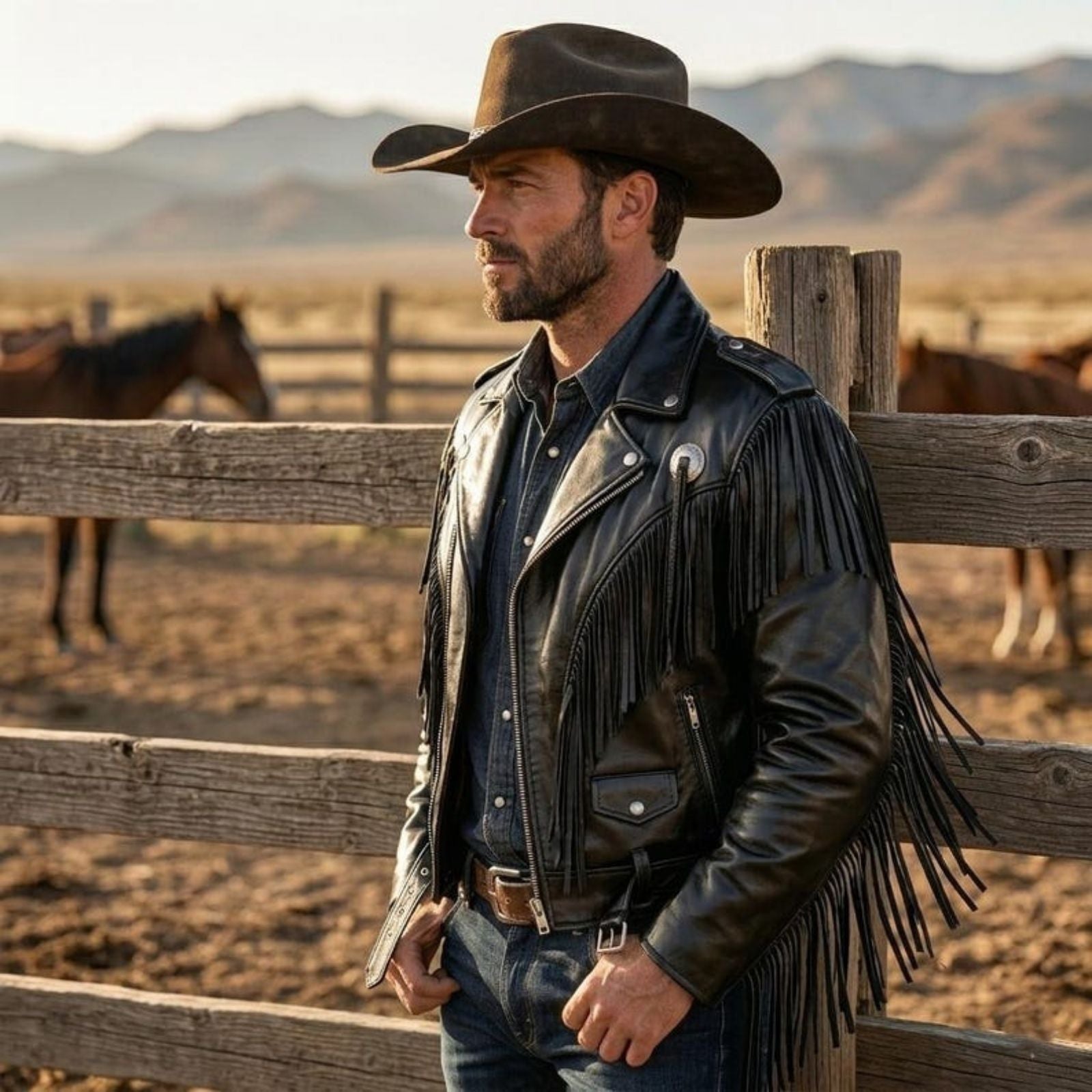 Men's Black Western Fringe Leather Biker Jacket – Genuine Leather Cowboy Jacket