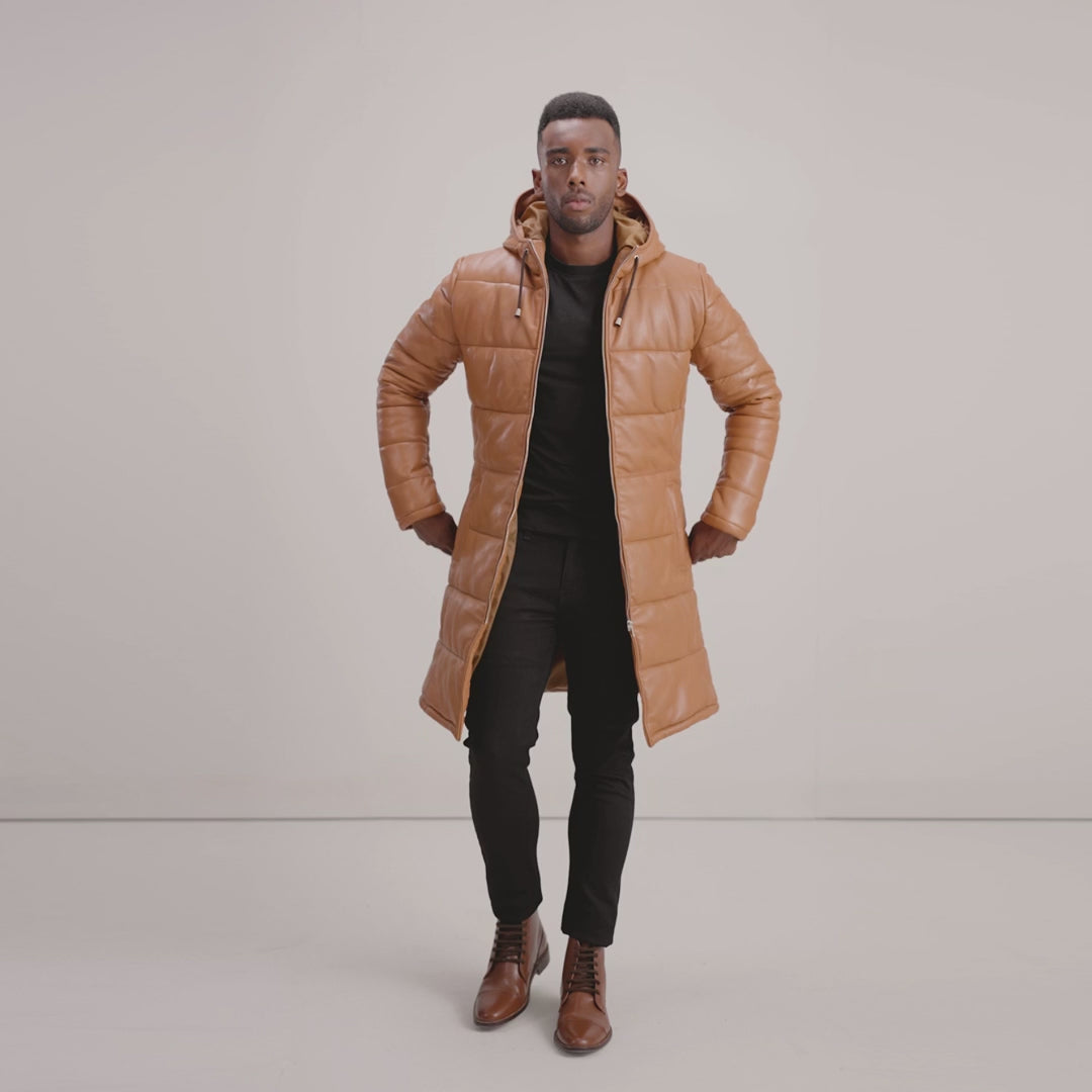 Floyd Tan Hooded Leather Puffer Coat