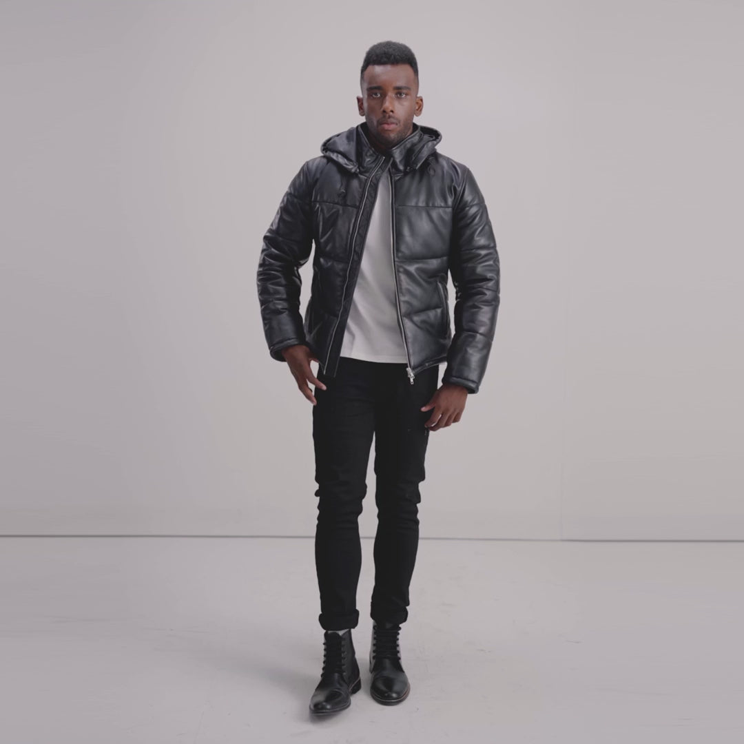 Gordon Black Hooded Leather Puffer Jacket