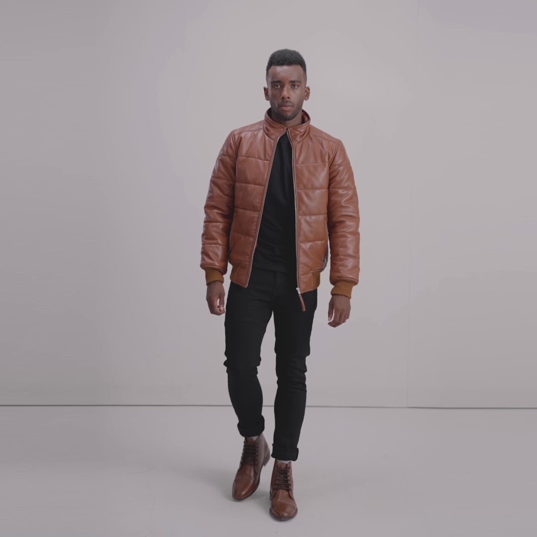 Lucas Brown Leather Puffer Bomber Jacket